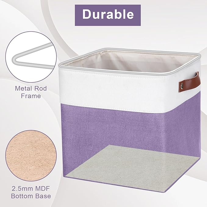Collapsible Fabric Storage Cubes 11x11 Cube Storage Bins, 4 Pack Closet Baskets Box with Handles for Organizing, Shelf, Toys, Clothes, Home, Office, Nursery (Purple&White)