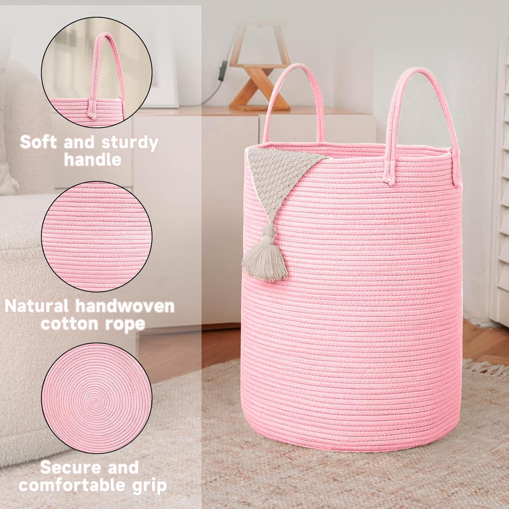 Large Woven Laundry Basket Hamper,80L Cotton Rope Storage Bin for Blankets,Toys and Clothes,Decorative Tall Nursery Hamper for Living Room,Baby Nursery,Bathroom and Bedroom,Pink