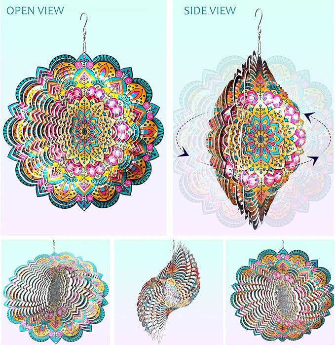Wind Spinners Outdoor Mandala Lucky Star,Laser Cut Metal Kinetic Art Wind Spinner Gift for Christmas,12In Stainless Steel Hanging Yard&Garden 3D Wind Sculpture Decorations Indoor Spinners