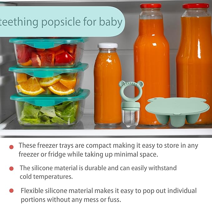 Silicone Baby Food Freezer Tray with Teething Popsicle Molds - Baby Fruit Feeder and Breastmilk Teether Combo
