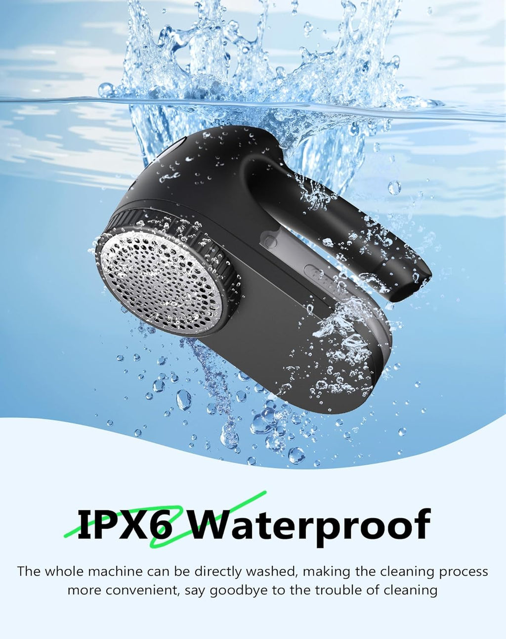 IPX6 Waterproof Washable Electric Fabric Shaver and Lint Remover, Rechargeable Sweater Defuzzer with 3 Free Extra Blades, Quickly and Effectively Remove Fluff,Fuzz,Bobbles for Clothes, Dark Black