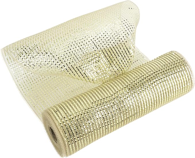 MEEDEE Champagne Deco Mesh 10 Inch Deluxe Wide Foil Metallic Mesh Premium Decorative Mesh Champagne Gold Mesh Ribbon for Christmas Tree, Wreaths, Garland, Gift Wrapping, Bows Making (30 Feet)