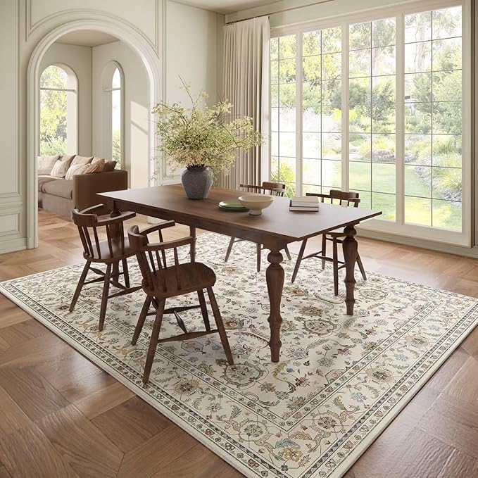 Washable 6x9 Area Rugs for Living Room, BoHo Non-slip Silicone Backing Large Rug for Bedroom Dining Room Nursery Office, 0.3" Neutral Oriental Throw Carpet with 0.16" Cushioning Pad, Light Beige/Multi