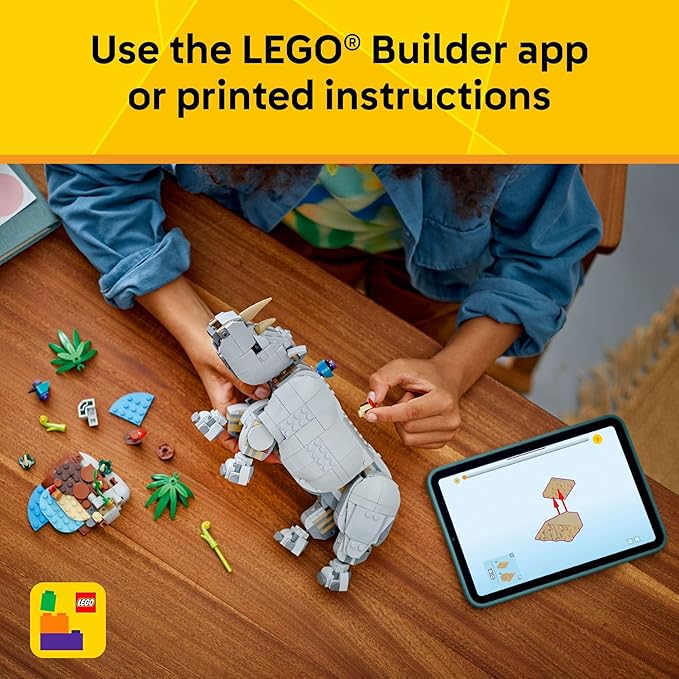 LEGO Creator 3 in 1 Wild Animals: Majestic Rhino with Birds Building Toys for Kids - Safari Pretend Play Toys for Girls & Boys, Ages 9+ - Gift for Christmas - 31171