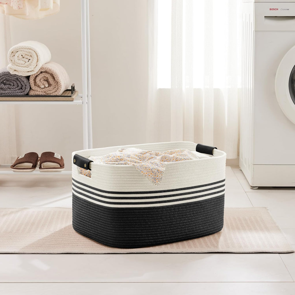 60L Large Laundry Basket with Leather Handles for Living Room Storage, Woven Rope Baskets Bin for Blanket, Kids Toy, Gifts, Wicker Hamper for Bedroom Dirty Clothes, 21"x15"x11" White Black