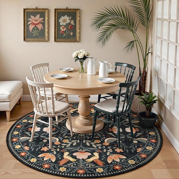Moynesa Washable Round Rug 6ft, Ultra Thin Circle Living Room Area Rug Non Slip, Low Pile Soft Indoor Boho Bird 6'x6' Black Large Throw Carpet for Dining Room Under Table Office Bedroom