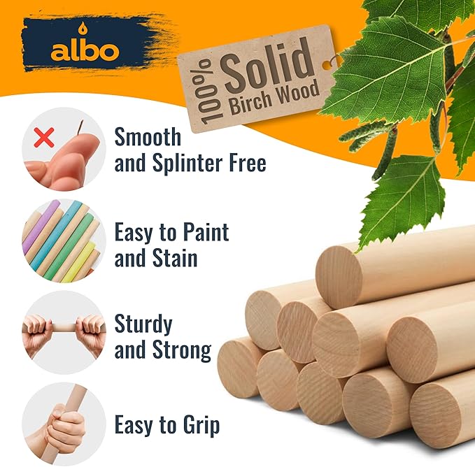 ALBO 1" x 24" Wooden Dowel Rods Set - 5 Pack Birch Natural Heavy Duty Hardwood Craft Sticks Furniture Woodworking Smooth Sanded Finish Railings Supports Decor Crafts Bulk Professional Pack