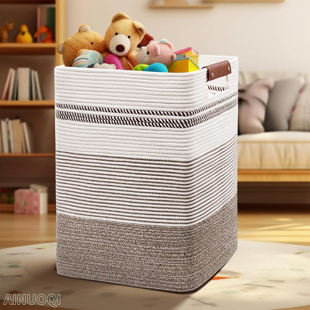 Laundry Hamper - Tall Woven Rope Laundry Basket - Clothes hamper with Leather Handles, 17.8" X 13.8" X 22", Blanket Storage Basket for Living Room, Rice Brown & White