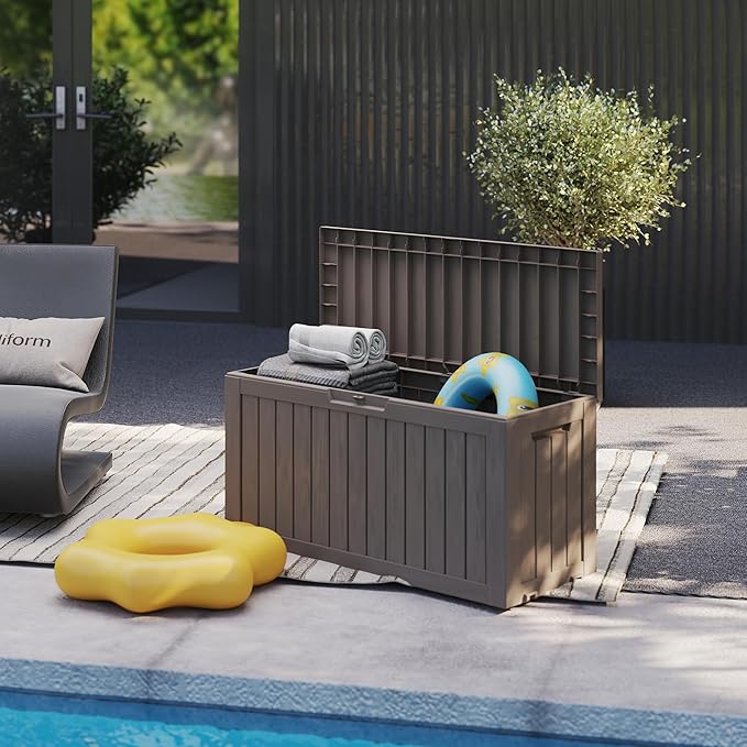 90 Gallon Outdoor Cushion Storage - Waterproof Deck Boxes for Outdoor, Space-Saving Deck Box with Lock for Patio/Pool Accessories, UV-Resistant Resin, Granite Grey