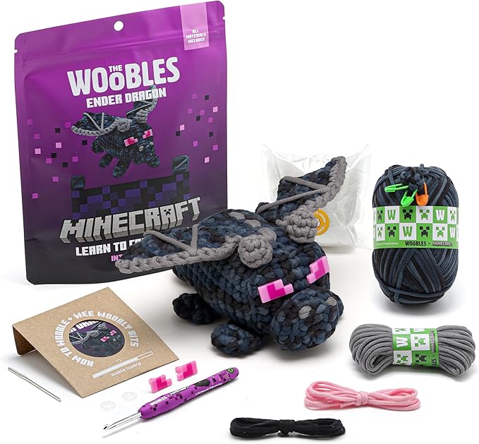 The Woobles Minecraft Crochet Kit – Beginner Crochet Kit for Adults & Kids, Easy Knitting Kit with Woobles Yarn, DIY Crafts, Crochet Animals, Minecraft Toys, Gift for Gamers & Crafters (Ender Dragon)