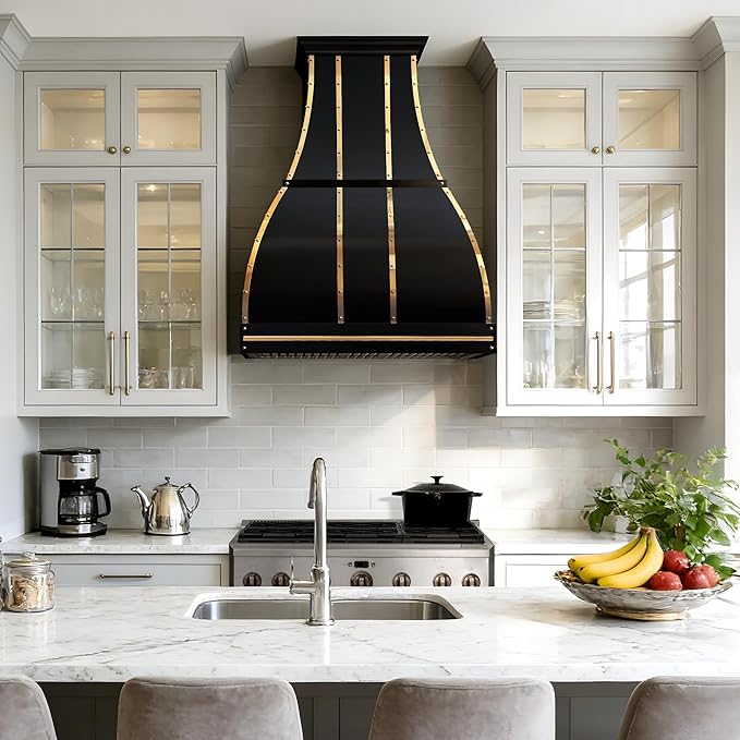 CHETTO C Stainless Steel Range Hood Cover with 4-Speed Vent Hood Insert Custom Handmade Metal Kitchen Fan with Towel Rack LED Light 30"W x21"D x21"H Black Wall Mount