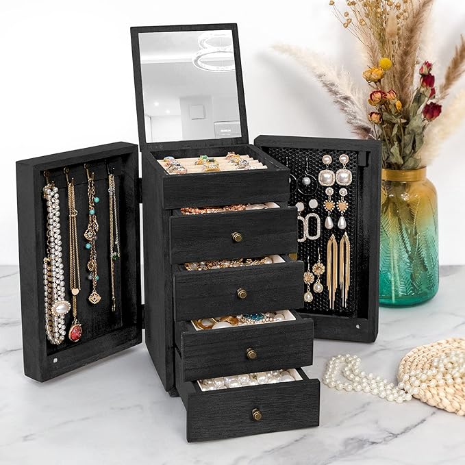 Meangood Jewelry Box Wood for Women, 5-Layer Large Organizer Box with Mirror & 4 Drawers for Rings, Earrings, Necklaces, Black
