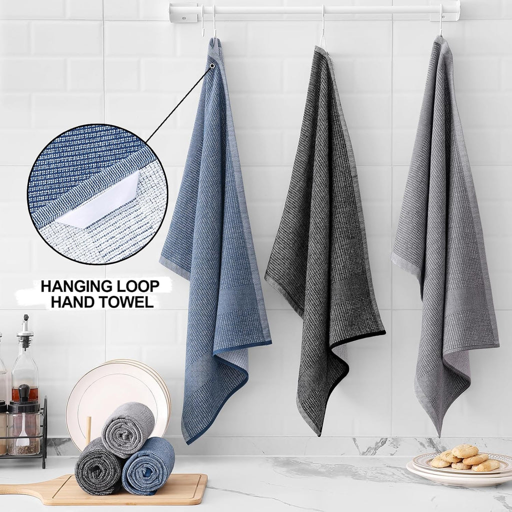 Homaxy Premium Kitchen Towels(18”x 28”, 6 Pack), Large Cotton Kitchen Hand Towels, Flat and Terry Dish Towels, 380 GSM Highly Absorbent Tea Towel Set with Hanging Loop, Navy Blue/Grey/Black