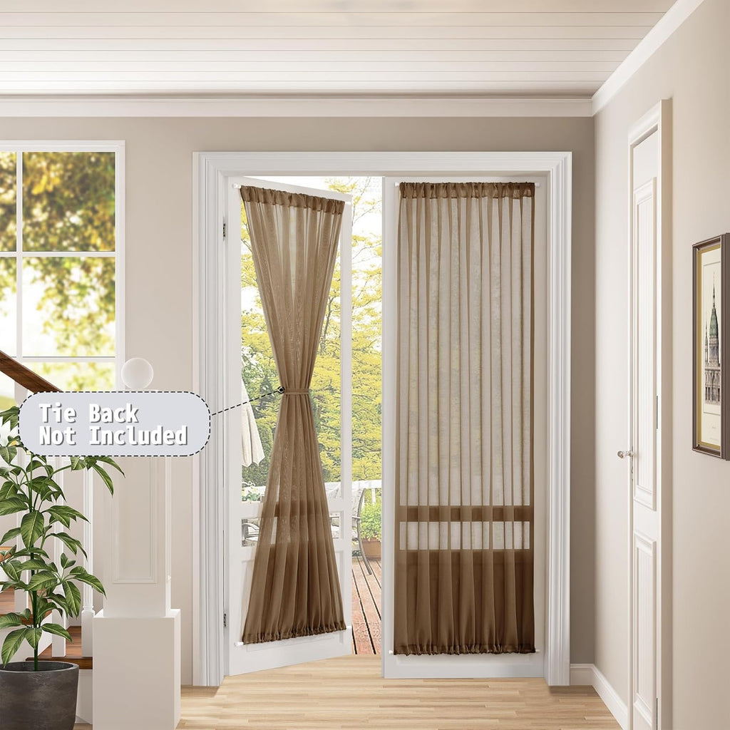 Tollpiz Sheer Door Curtain Closet Linen Textured Curtain Sheers Doorway Light Filtering Voile French Door Rod Pocket Curtains Patio Glass Door, 25 x 80 inches Long, Brown, Set of 1 Panel