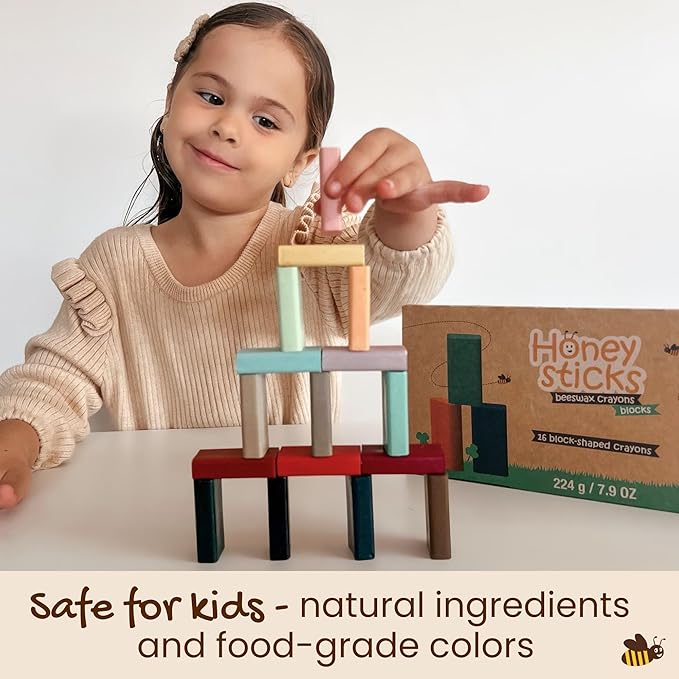 Honeysticks Block Crayons (16 Pack), Non-Toxic, Long-Lasting Jumbo Crayons for Kids, Toddlers, Made from Pure Beeswax and Food-Grade Colors, Ideal for Preschool Art Supplies
