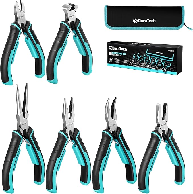 DURATECH Mini Pliers Set, 6PCS Jewelry Pliers Set, CRV Construction, Includes Needle Nose, Diagonal, Long Nose, Bent Nose, End Cutting and Linesman Pliers, for Making Crafts, Repairing Electronic