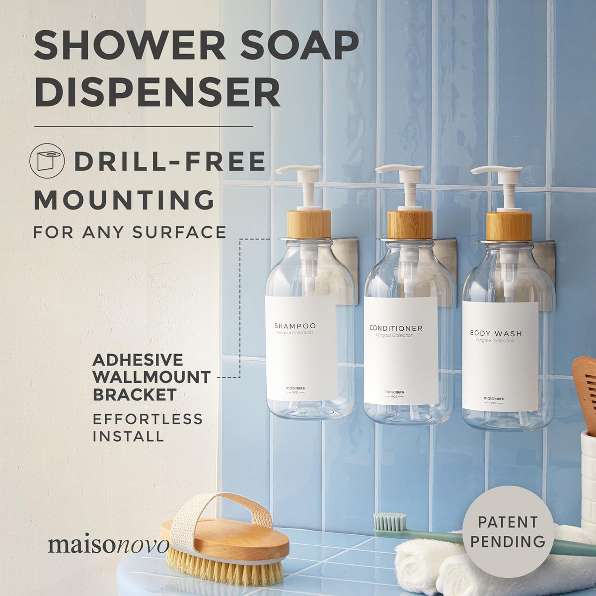 MaisoNovo Shampoo and Conditioner Dispenser - Shower Soap Dispenser Wall Mounted - 16.9 fl oz Set of 3 Clear Plastic Bottles White Bamboo Pump - Shampoo Dispenser, Shower Dispenser 3 Chamber No Drill
