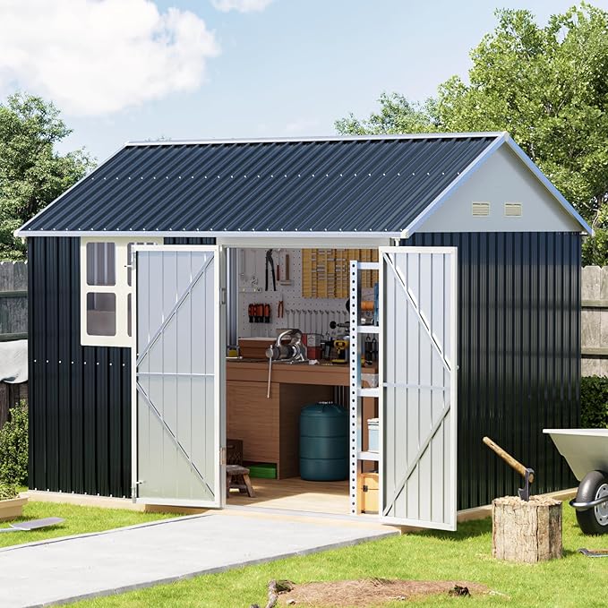 Breezz 8X10FT Outdoor Steel Storage Shed with Clear Window, Lockable Doors, Weather-Resistant Metal Tool Shed for Garden, Backyard, Patio, and Utility Storage.Nightblue