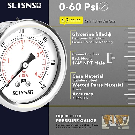 2-1/2" Dial Size, 0-60 Psi Low Pressure Gauge, Glycerin Liquid Filled, 1/4" NPT Back Mount, Stainless Steel Case, for Pool Sand Filter, Water Pump, Regulator, Air, Oil Pressure Test