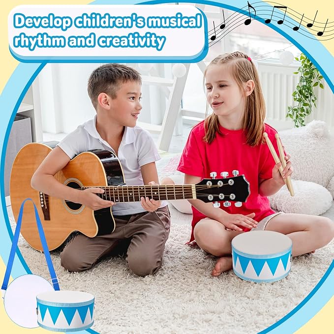 Kids Drum Set 8 Inch Wooden Toy Drum with Adjustable Strap 2 Drumsticks Educational Sensory Musical Instrument Toy Set for Toddlers Kid Baby Boys Girls Gift(Blue Triangle Style)