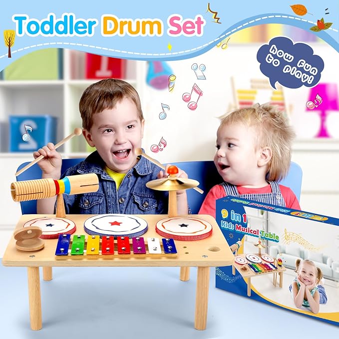 WINGYZ Baby Drum Set – 9-in-1 Wooden Musical Instruments for Toddlers 1-3, Montessori Music Toys with Xylophone, Drum, Cymbal & Tone Block, Early Learning Gift for Boys and Girls