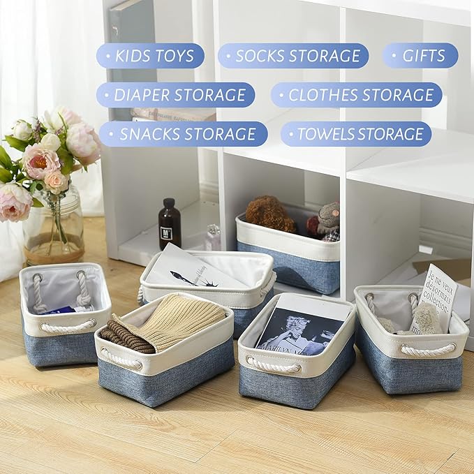 TcaFmac Storage Basket for Shelves - Small 6 Pack Fabric Storage Bins for Organizing, Collapsible Storage Cubes with Handle for Closet Cloth Toy Decorative Gift (White & Blue11.8 x 7.8 x 5.2 inch)