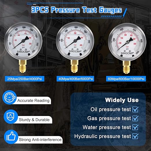 SINOCMP Hydraulic Pressure Gauge Test Kit with 3 Gauges 25/40/60MPa, 16 Straight Connectors, 3 Tee Connectors, 3 Test Hoses 64.5IN, Construction Machinery Excavator Hydraulic Tester Kit