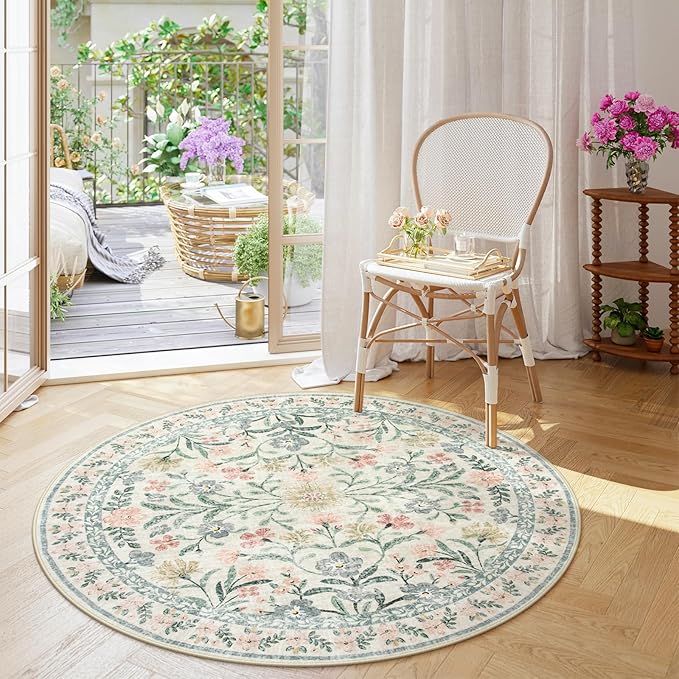 Wonnitar Floral Round Rugs 6ft, Boho Large Machine Washable Circle Rug, Low Pile Soft Flower Botanical Print Beige Round Carpet for Living Room Bedroom Dorm Sunroom