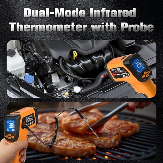 Dual-Mode Infrared Thermometer Gun，-58°F to 1472°F Laser Temp Gun, -58°F to 572°F K‑Type Probe with Humidity Display, 12:1 D:S