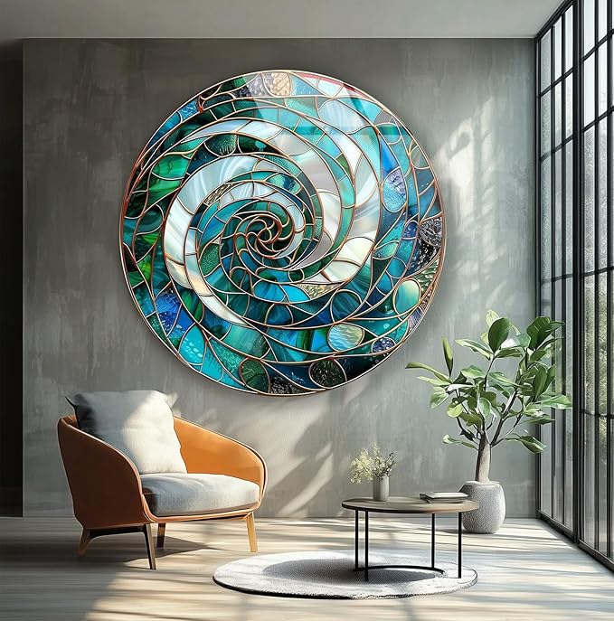 My Photostation.com 31.5''(80cm) Diameter Aqua Spiral Harmony Round Glass Wall Art Tempered Glass Printing Wall Decor Large Wall Art Wall Hangings