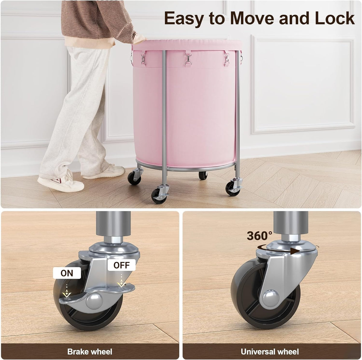 ELYKEN Laundry Basket with Wheels, 170L Rolling Laundry Hamper with Removable Bag and Steel Frame, Round Laundry Cart with 4 Casters and 2 Brakes, Ideal for Bedroom, Bathroom, Laundry Room, Pink