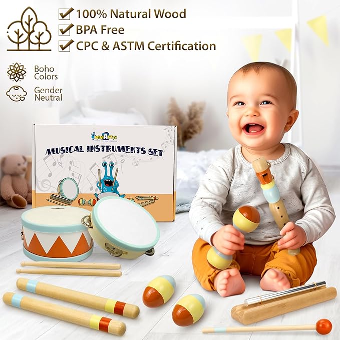 MINIARTIS Toddler Musical Instruments - Montessori Wooden Musical Toys for Toddlers 1-3 | Modern Boho Baby Drum Set with Neutral Colors Percussion Instruments | Kids Preschool Educational 3+
