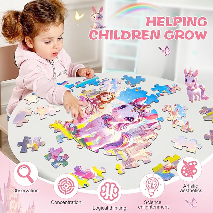 Floor Puzzles for Kids Ages 4-6, 70 Pieces Large Round Unicorn Princess Floor Puzzle Unicorn Jigsaw Puzzle Toy for 3 4 5 6 Toddler Girls - Educational Christmas, Birthday Gift