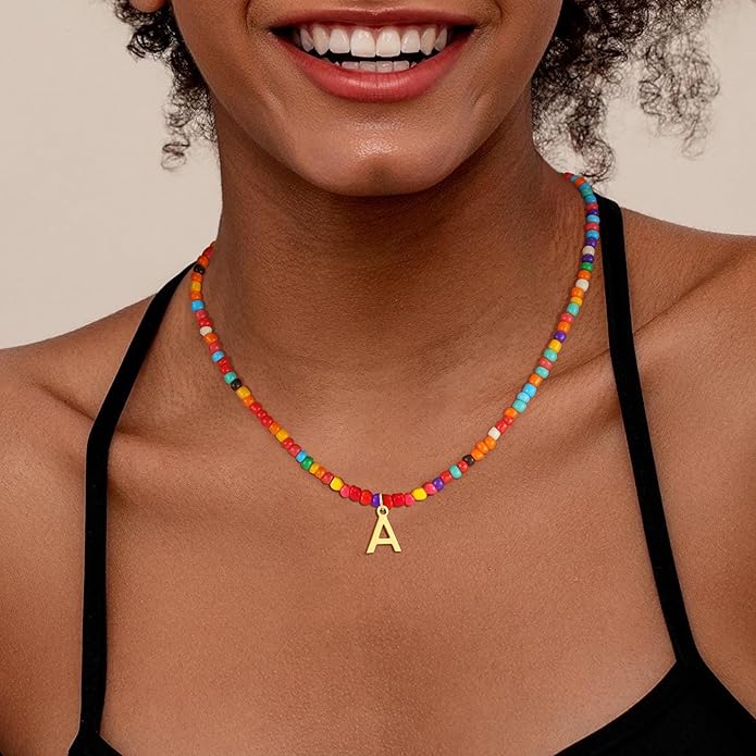 Colorful Initial Necklaces for Girls Kids Women, Cute Beaded Initial Necklace Teen Girl Gifts Trendy Stuff, Bohemian Letter Necklace Birthday Gifts for Women Girls Jewelry