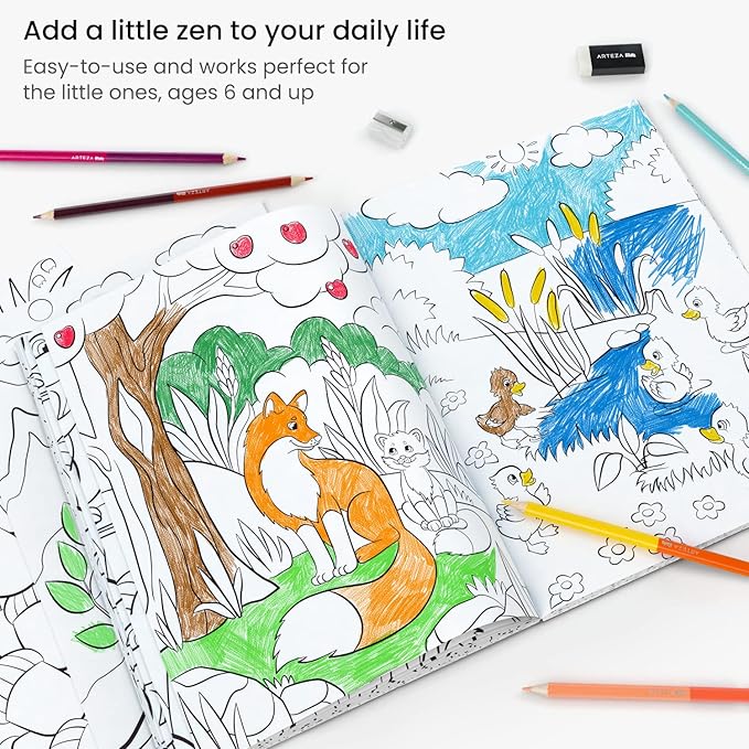 ARTEZA Kids Coloring Book and Colored Pencils Kit, Animal Kingdom Illustrations, 50 Double-Sided Sheets, 100lb Paper