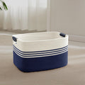 45L Small Laundry Basket with Leather Handles for Living Room Storage, Woven Rope Baskets Bin for Blanket, Kids Toy, Gifts, Wicker Hamper for Bedroom Dirty Clothes, 18"x14"x11" White Navy
