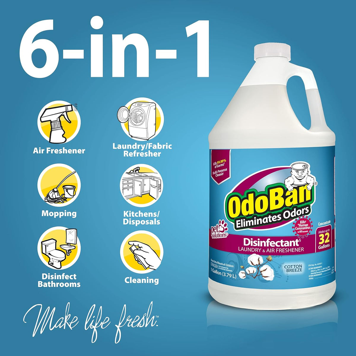 OdoBan Disinfectant Concentrate and Odor Eliminator, Made in the USA, Cotton Breeze Scent, 2 Gallons
