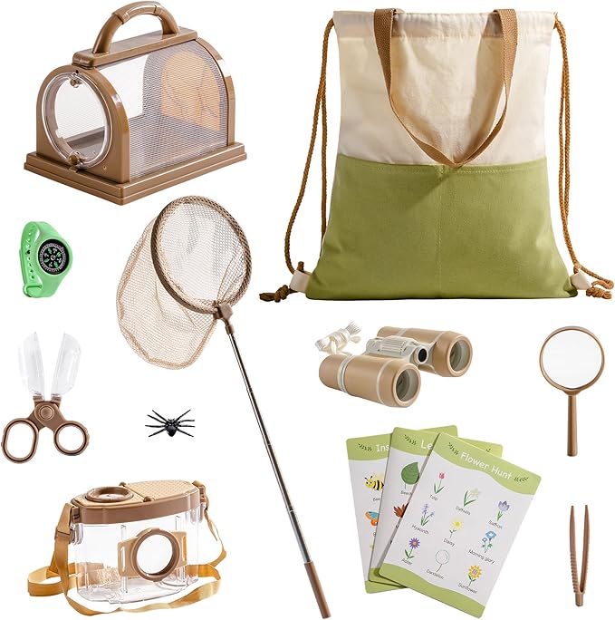 ROBOTIME Explorer Kit & Bug Catcher Kit for Kids, 12PCS Bug Catching Kit, Outdoor Bug Collection with Kids Binoculars, Butterfly Net, Insect Box, Magnifying Glass and Compass Watch for Toddlers 3-12