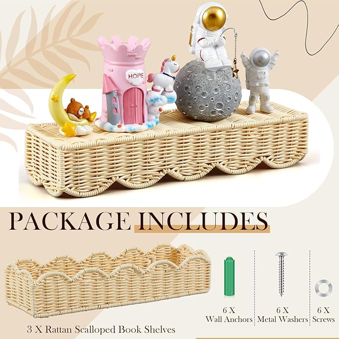 Pinkunn 3 Set Nursery Book Shelves Scalloped Rattan Wall Shelf 15.8 x 3.2 Inch Wall Mounted Plastic Floating Book Shelve, Hanging Boho Wicker Woven Shelf for Nursery Decor and Storage (Boho Beige)