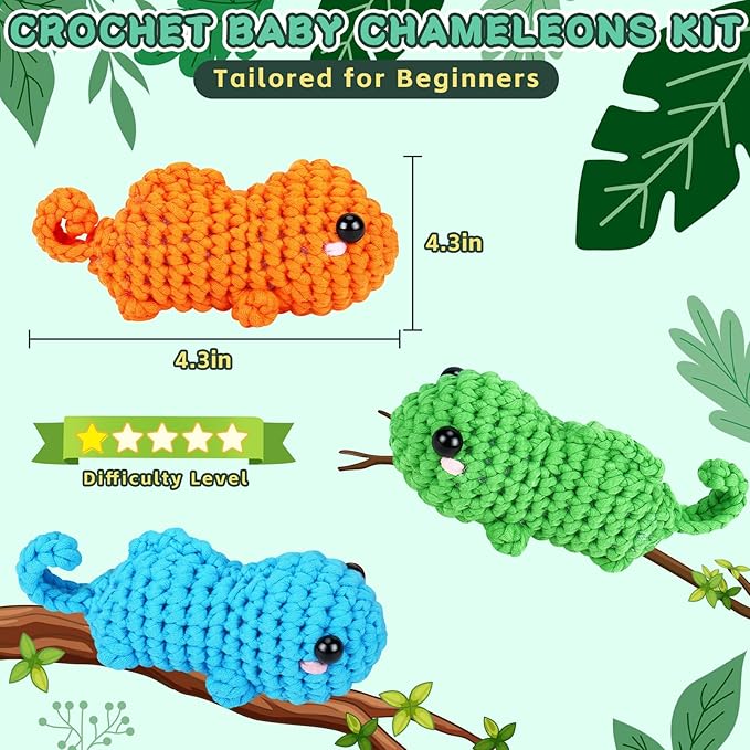 Crochet Kit for Beginners - 3 PCS Baby Chameleon Crochet Kits with Step-by-Step Video Tutorials, Beginner Crochet Kit for Adults Kids, Chameleon Crocheting Set (Orange&Blue&Green)
