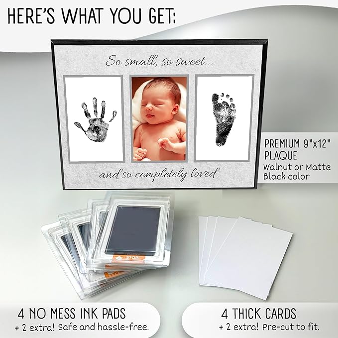 Baby Hand and Footprint Kit with Photo & Birth Details, Inkless Hand and Footprint Kit, Newborn Keepsake Plaque, Baby Shower Gifts (STYLE 2 (Baby Shower) (So Small, So Sweet))