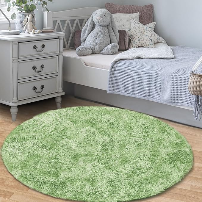 4FT Round Rug for Bedroom: Fluffy Shag Soft Washable Rugs Circle Small Fuzzy Plush Indoor Carpet for Living Room Nursery Playroom Dorm Kids Girls Boys Room (Sage Green, 4'x4')
