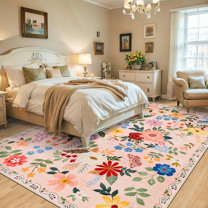 6x9 Area Rugs for Living Room: Floral Washable Rug Vintage Large Soft Boho Non-Slip Carpet Indoor Floor Stain Resistant Thin Carpets for Bedroom Dining Room Farmhouse Nursery Hallway Home Office Beige