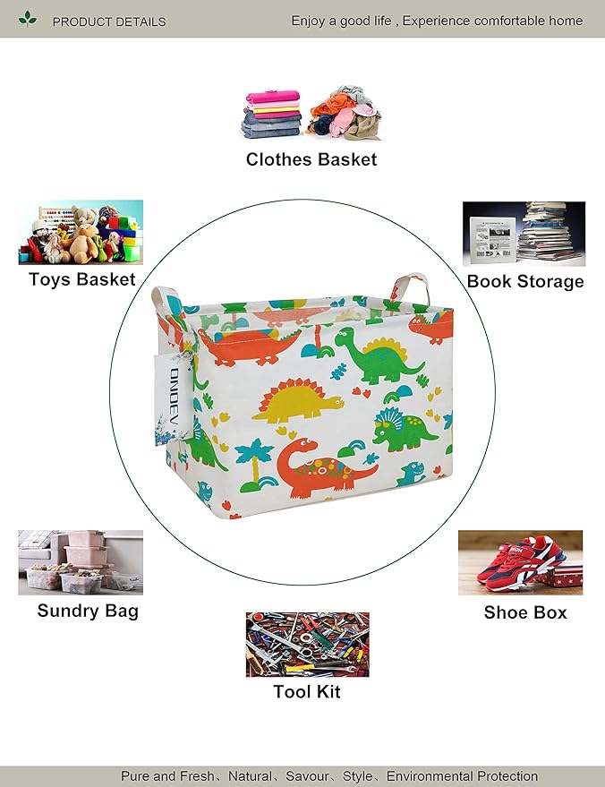 Rectangular Folding Laundry Basket, Canvas Basket,Nersury Hamper,Suitable for Children,Office,Bedroom,Clothes,Toys Storage（Dinosaur Paradise） (1)