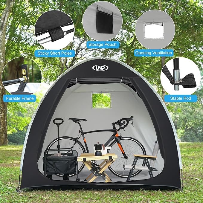 UNP Bike Storage Shed Tent, Portable Outdoor Bike Storage Tent with 210D Oxford Thick PU4000 Waterproof for 1/2/3/4 Bikes, Bike Covers Storage Shed for Bicycles, Lawn Mower, Garden Tools