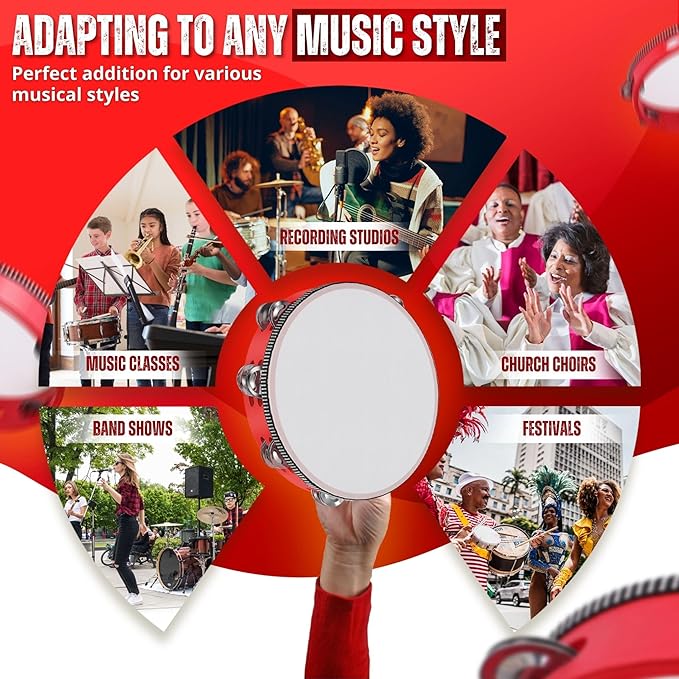Flexzion Wood Handheld Tambourine Adults 6-Inch Double Row 8-Pair Jingles (Red) - Percussion Round Tamborines Musical Instrument with Metal Zills