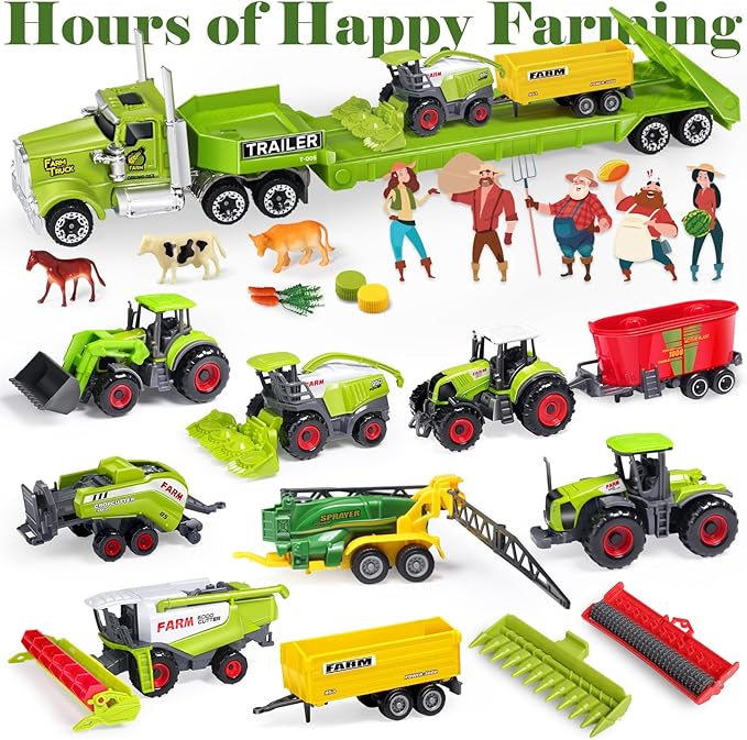 Oriate Kids Farm Toys Realistic Tractor Vehicle Playset, Diecast Car Set Educational Mini Farm Animals with Flatbed Trailer, Birthday Gift for Children 3 Year Old