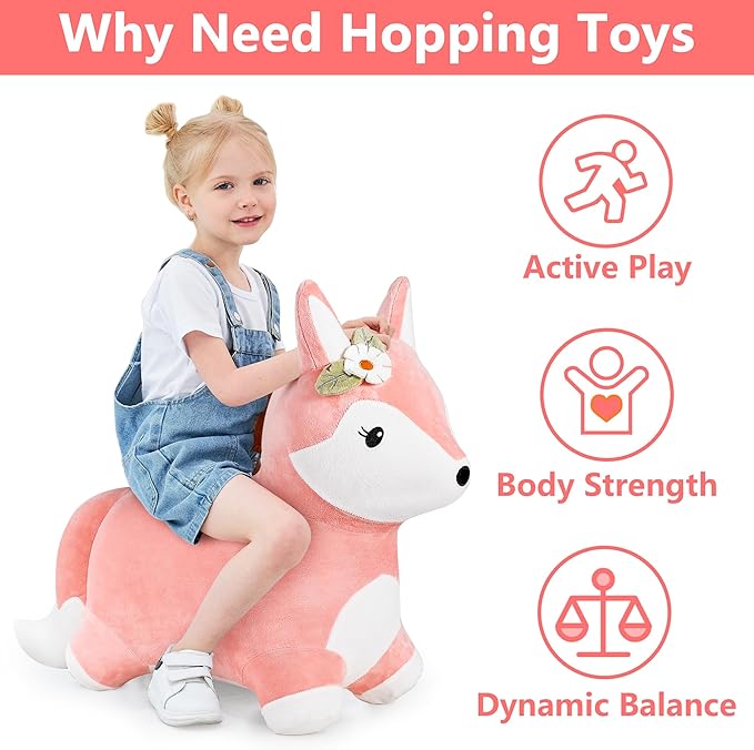 iPlay, iLearn Bouncy Pals Hopping Fox Horse, Toddler Girl Inflatable Bouncing Animal Hopper Toy, Outdoor Indoor Plush Ride on Bouncer, Baby Birthday Gift 18 Month 2 3 4 Year Old Kid - Fox