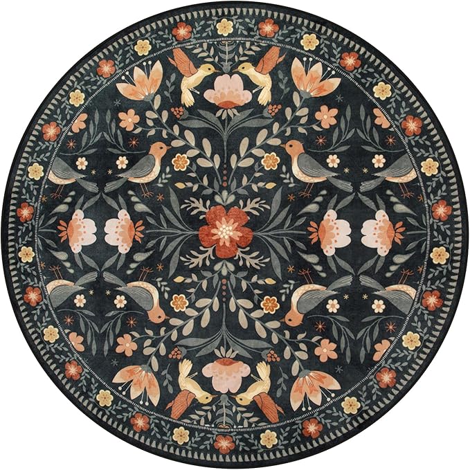 Moynesa Washable Round Rug 6ft, Ultra Thin Circle Living Room Area Rug Non Slip, Low Pile Soft Indoor Boho Bird 6'x6' Black Large Throw Carpet for Dining Room Under Table Office Bedroom