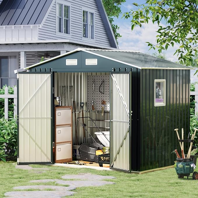 Breezz 6x8FT Outdoor Steel Storage Shed with Frame Floor,Clear Window, Lockable Doors, Weather-Resistant Metal Tool Shed for Garden, Backyard, Patio, and Utility Storage